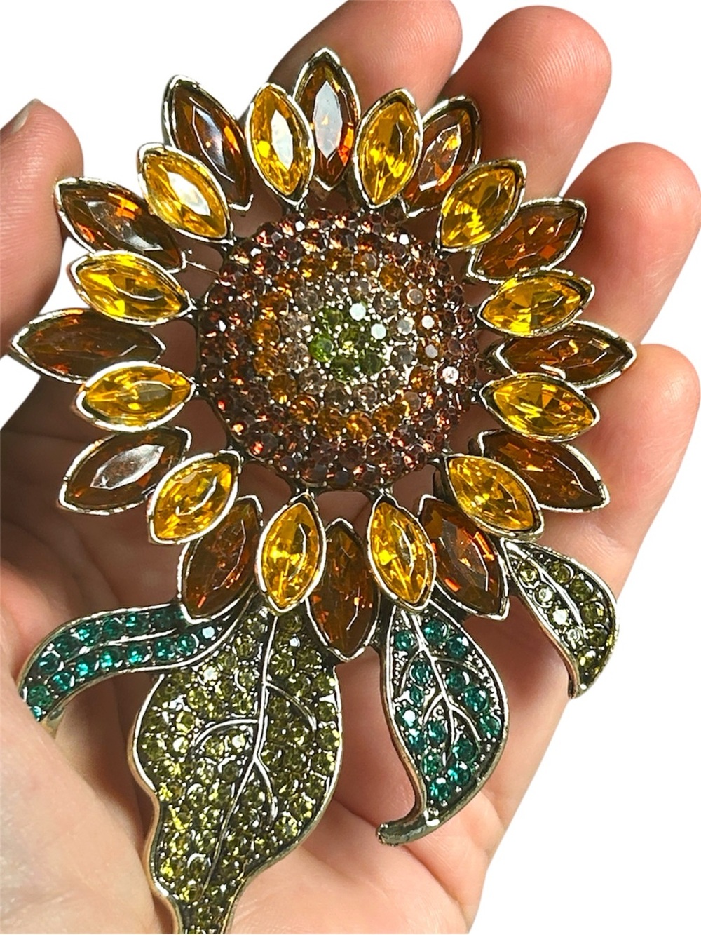 Elegant Vintage Sunflower Crystal Brooch Multi-Color Rhinestones Yellow & Orange